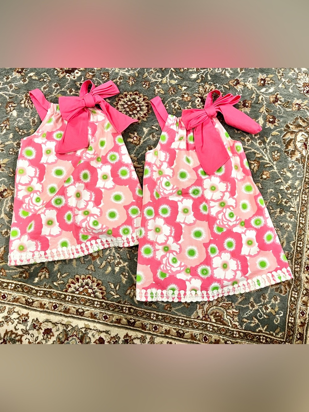 Sister set! 3T and 5T. Mud Pie Pink Floral Dress with Green Cente